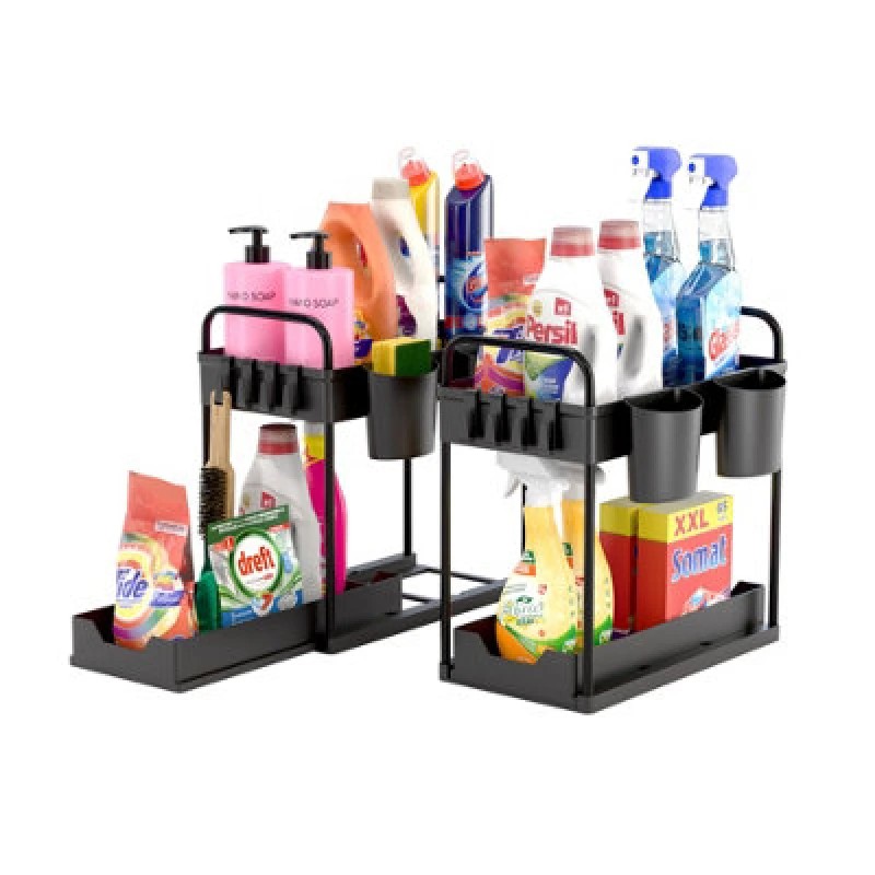 Image of DMD Collective Dmd 2 Pack Under Sink Storage Kitchen Organiser, 2 Tier Under Sink Shelf With Slide Out Draw