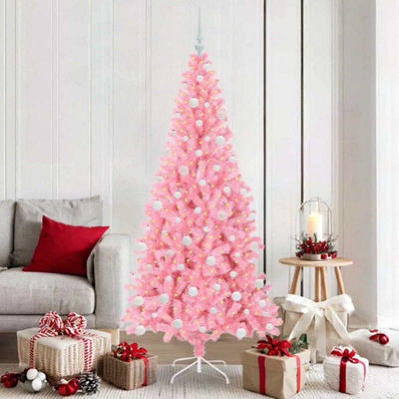 Image of vidaXL Christmas Tree with 300 LEDs, White Balls with Stand Pink 180cm PVC, Pink 3396432