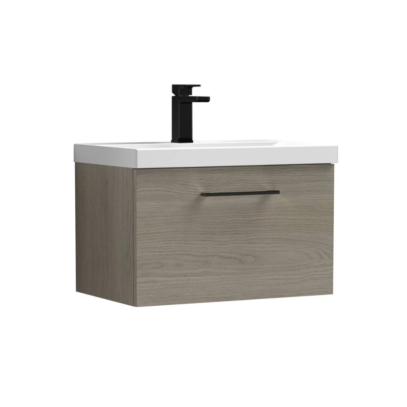 Image of Balterley 600mm Wall Hung 1 Drawer Vanity Basin Unit, Mid Oak, Black Handle in Brown Brown Unisex
