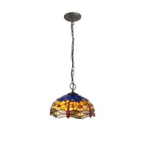 Image of 3 Light Downlighter Ceiling Pendant E27 With 40cm Tiffany Shade, Blue, Orange, Crystal, Aged Antique Brass