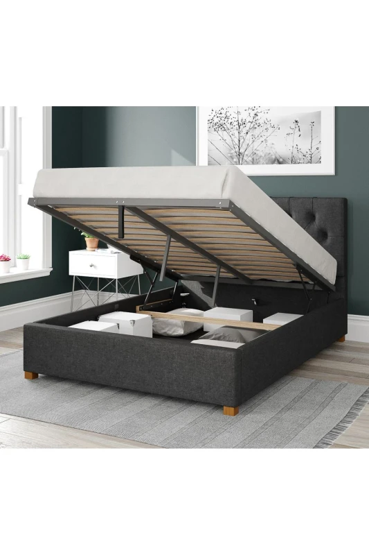 Image of Aspire Aspire Olivier Upholstered Ottoman Storage Bed, Saxon Twill Fabric in Charcoal Size: Small Double Charcoal Small Double Unisex 5057632168856
