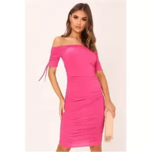 Image of I Saw It First Fuchsia Ruched Side Bardot Midi Dress - Pink