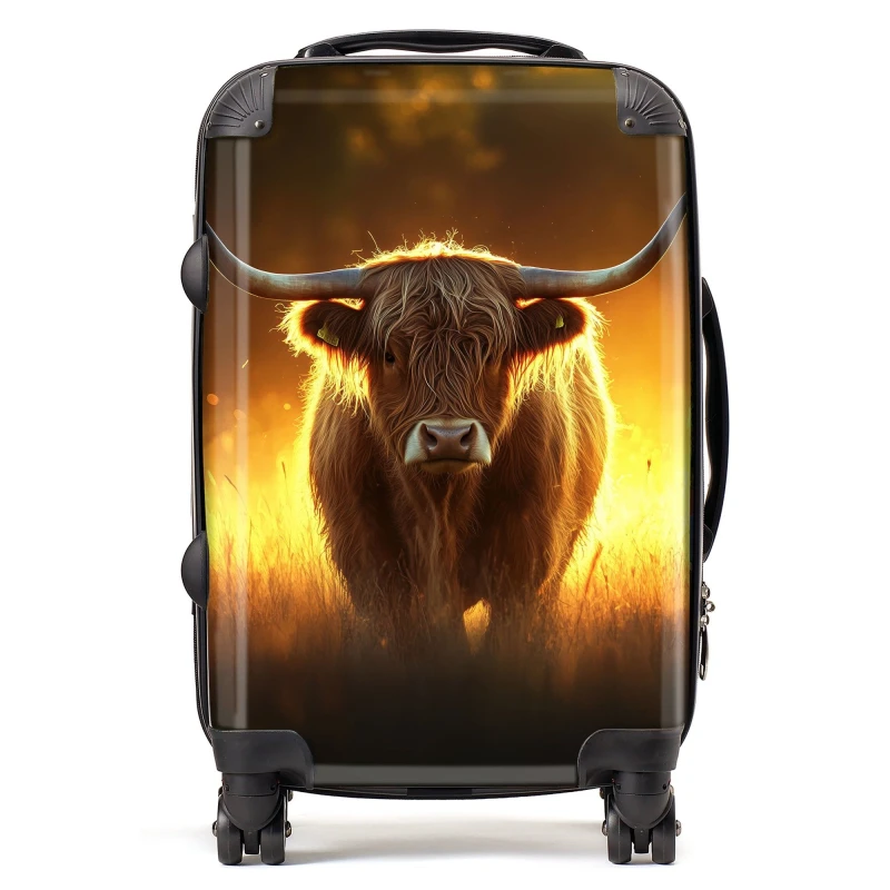 Image of Warren Reed - Designer Highland Cow Sunset Suitcase in Orange Size: Cabin Orange Unisex Cabin