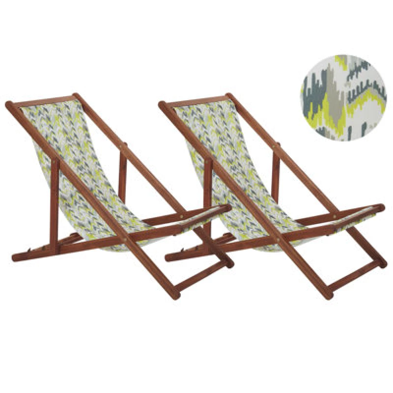 Image of Beliani Set Of 2 Folding Deck Chairs Anzio With Replacement Fabrics Abstract Motif Acacia Wood Dark Brown