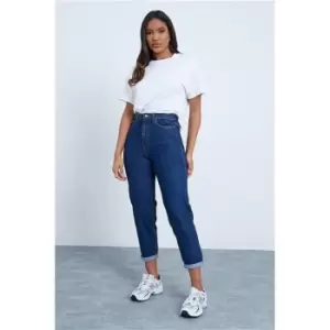 Image of I Saw It First Dark Wash Roll Hem Mom Jeans - Blue