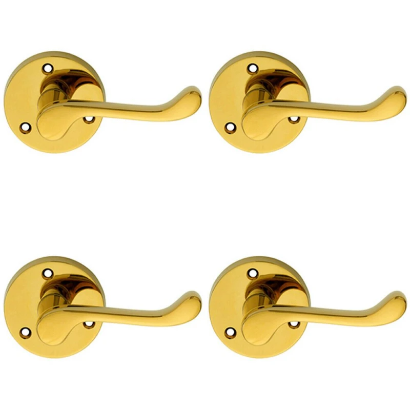 Image of Loops 4x PAIR Victorian Scroll Lever on 58mm Round Rose Polished Brass Door Handle Metallics