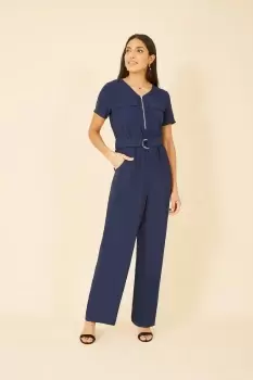 Image of Navy Utility Jumpsuit With Zip And Belt Detail