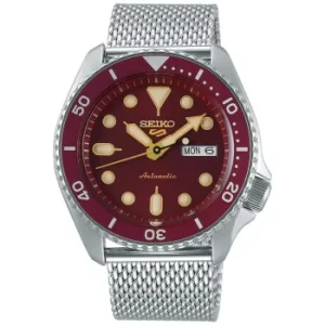 Image of Seiko 5 Sports Burgundy Dial Silver Steel Mesh Bracelet Automatic Mens Watch SRPD69K1 RRP £300