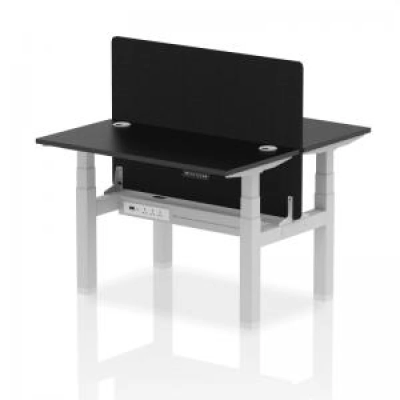 Image of Air Back - to - Back 1200 x 600mm Height Adjustable 2 Person Bench Office Desk Black Top - Cable Ports Silver Frame - Black Straight Screen