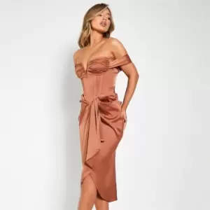 Image of I Saw It First Satin Bardot V Bar Corset Midi Dress - Metallics