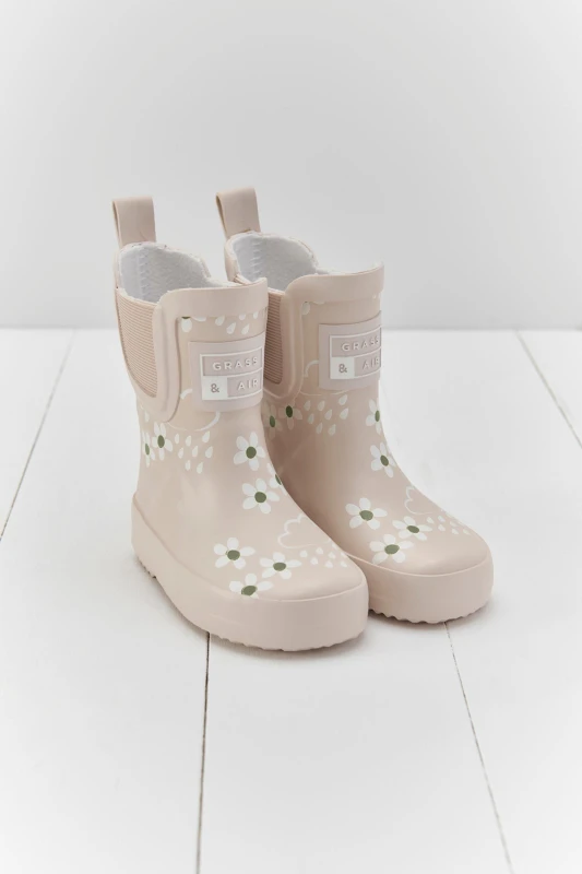 Image of Grass & Air Womens Floral Shortie Welly Boot in Natural Size: 7 Natural Female 7