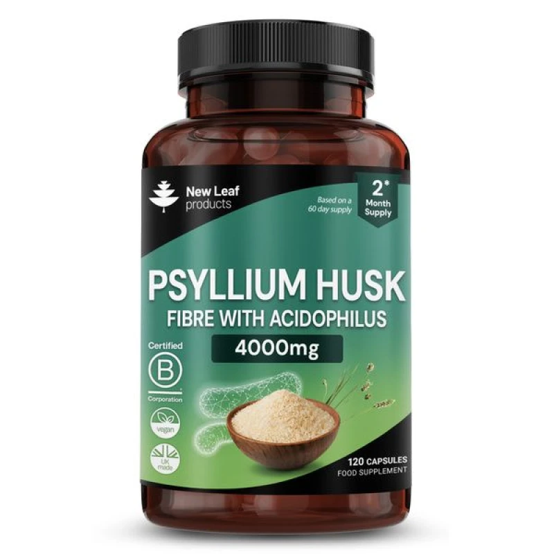 Image of New leaf health Fibre Supplement 4000mg Psyllium Husk with Probiotic - 120 High Strength Tablets Green unisex