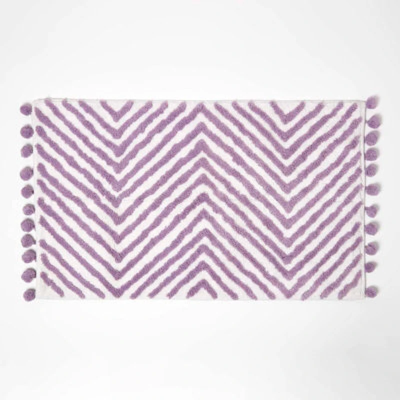 Image of Homescapes Bath Mat Tufted Zig Zag 100% Cotton with Pom Pom Edges Purple