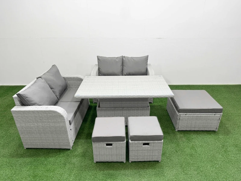 Image of Fimous 7 Seater Outdoor Love Sofa Set Rattan Garden Furniture Set with Adjustable Lifting Dining or Coffee Table 3 Footstool Light Grey Light Grey