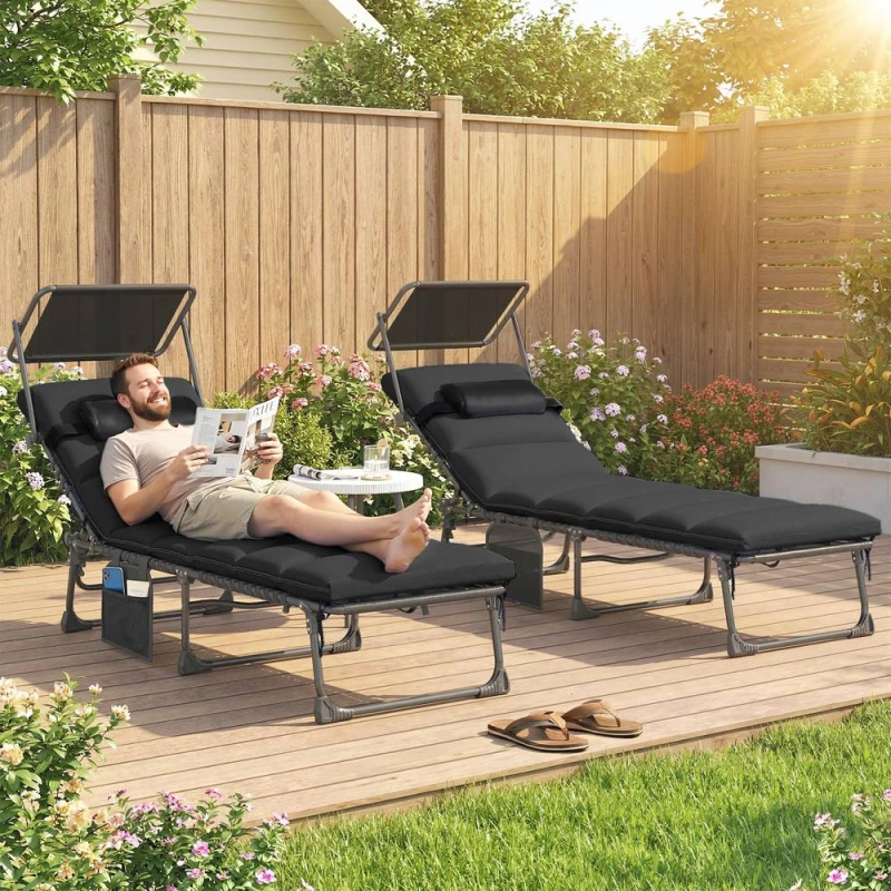 Image of OUTSUNNY Folding Sun Lounger, Sunbed with Canopy in Black Size: 190cm x 60cm Black Unisex 190cm x 60 cm