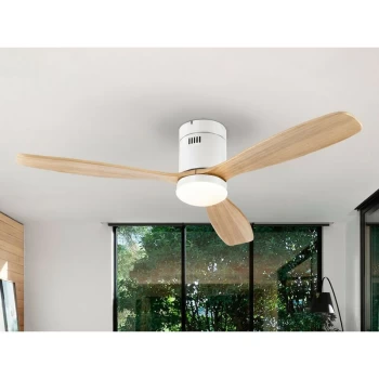 Image of Schuller Lighting - Schuller Siroco 6 Speed Ultra Quiet Ceiling Fan Matt White, Wood Blades with LED Light, Remote Control, Timer & Reversible