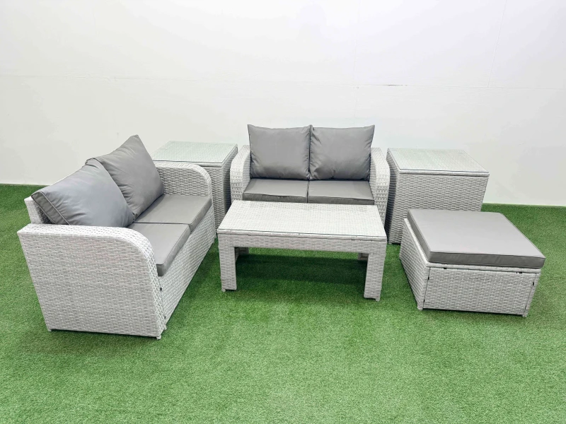 Image of Fimous 5 Seater Outdoor Love Sofa Set Rattan Garden Furniture Set with Oblong Coffee Table Big Footstool 2 Side Tables Light Grey Light Grey