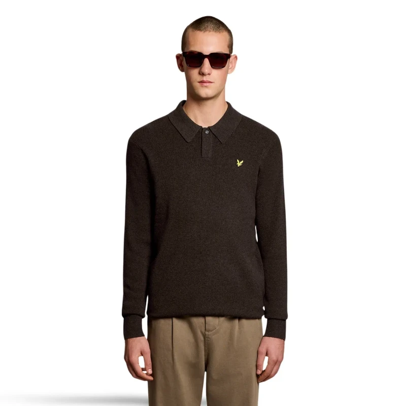 Image of Lyle & Scott Lambswool Blend Rugby Relaxed Polo Shirt Bottle Brown Marl L
