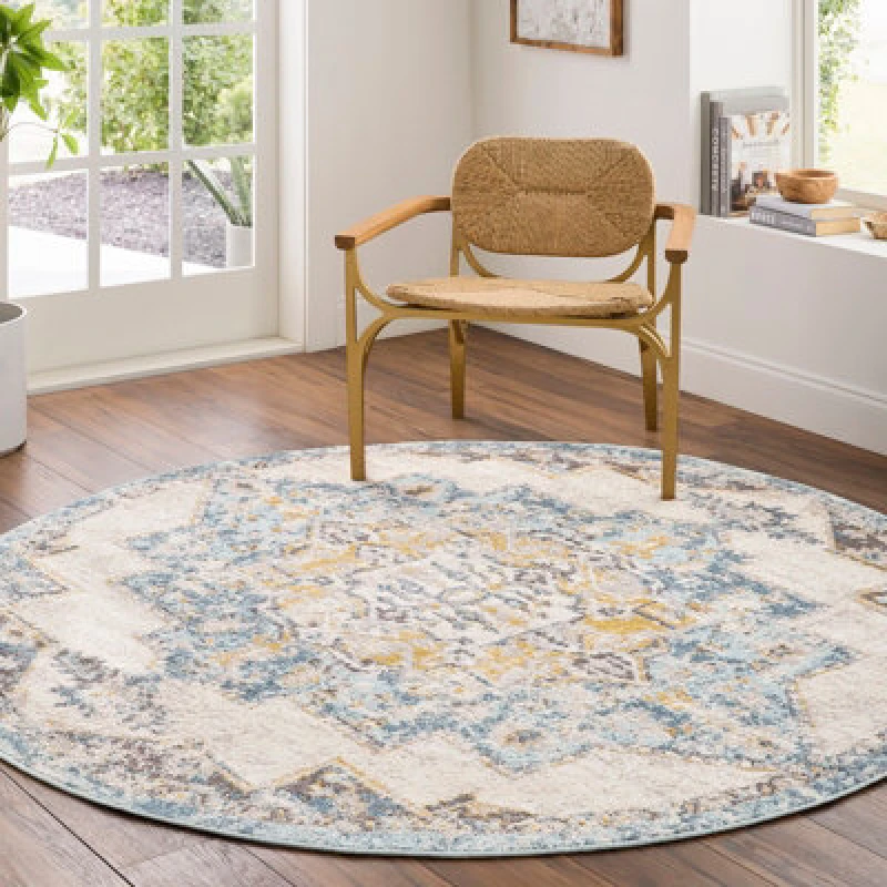 Image of Livabliss Round Vintage Oriental Boho Sky Blue Agra Area Rug 160 X 160 Cm - Easy Care, Non Shedding, Ideal For Living Room & Bedroom