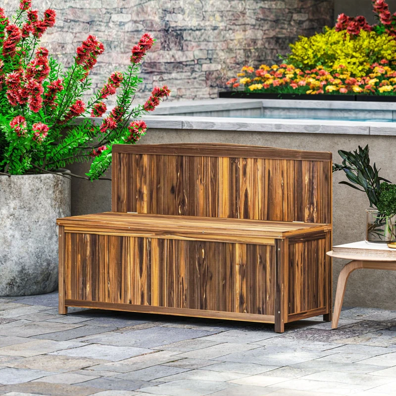 Image of Outsunny Wood Storage Bench for Patio, Outdoor Garden Seating, Brown, Brown 84B-460V00TN