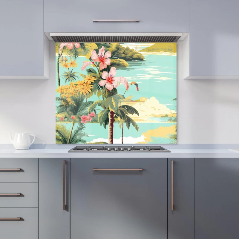 Image of Warren Reed - Designer Palm Trees & Hibiscus Kitchen Splashback in Green Size: 600mm x 750mm Green Unisex 600mm x 750mm