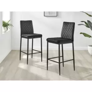 Image of Set of 2 Furniturebox Milan Bar Stools In Black Velvet With Black Metal Legs Contemporary Hatched Diamond Pattern Stitching Dining Living Breakfast