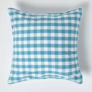 Image of Homescapes - Blue Block Check Cotton Gingham Cushion Cover, 60 x 60cm - Blue