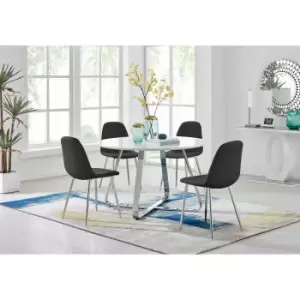 Image of Furniture Box Santorini White Round Dining Table and 4 Black Corona Silver Leg Chairs
