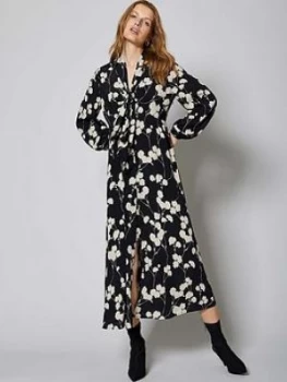 Image of Mint Velvet Abi Floral Print Tie Neck Midi Dress - Black, Size 14, Women