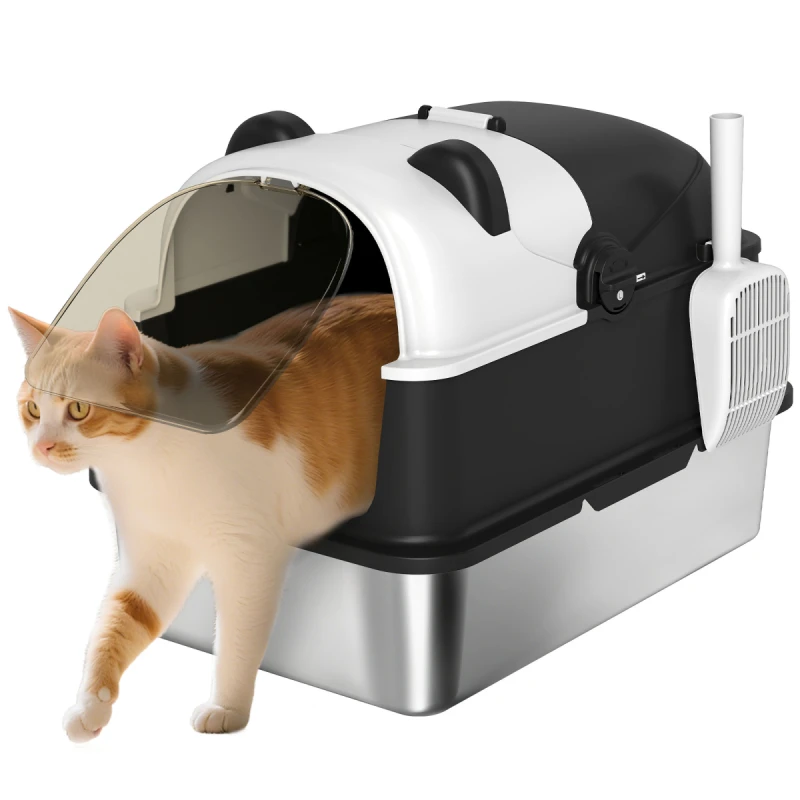 Image of PawHut XL Stainless Steel Litter Box Tray with Lid, Panda Style, Black D31-148V00BK