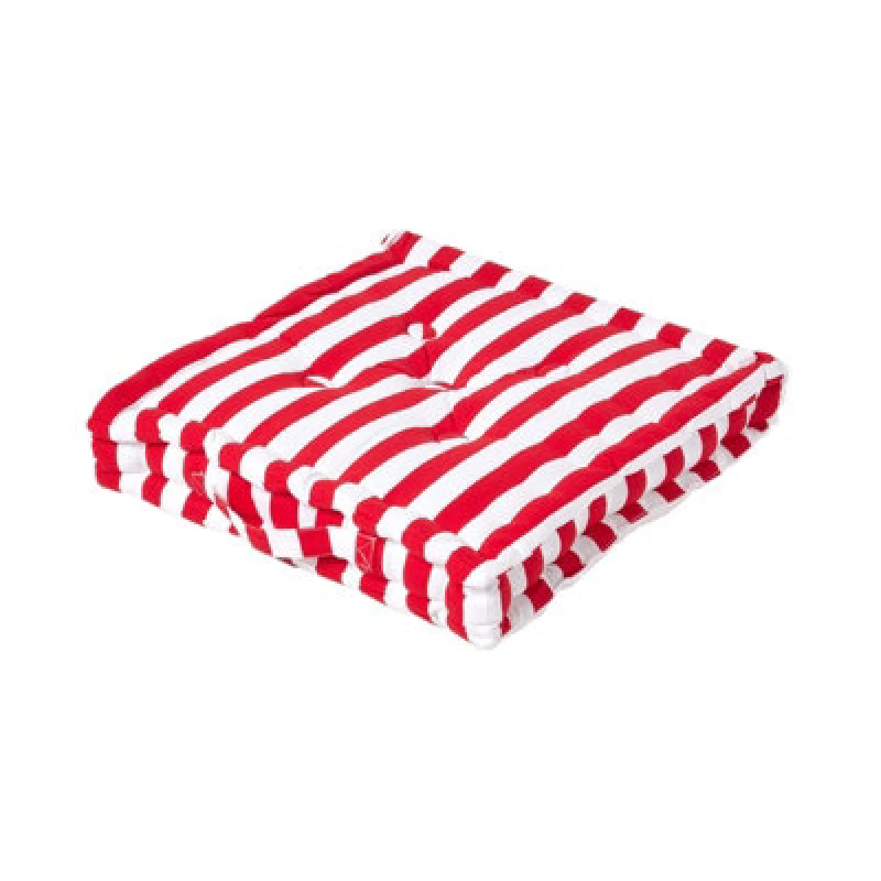 Image of Homescapes Cotton Red Thick Stripe Floor Cushion, 50 X 50 Cm