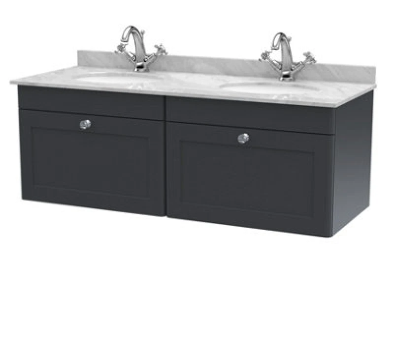 Image of Nuie Classique Wall Hung 2 Drawer Unit & 1 Tap Hole Grey Marble Top With Oval Basin, Sink Vanity Unit In Soft Black With White