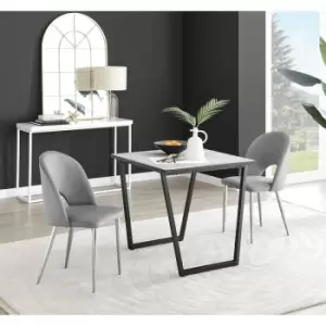 Image of Furniturebox UK - Furniturebox Carson White Marble Effect Square Dining Table & 2 Grey Arlon Silver Leg Velvet Chairs