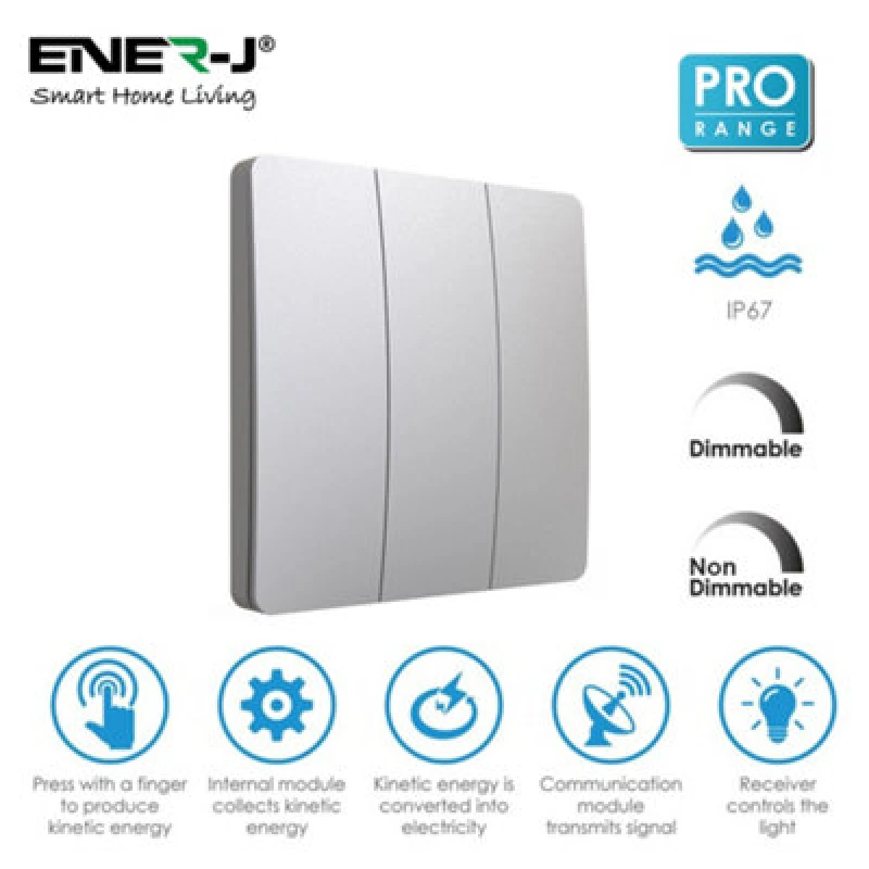 Image of Ener-J Ener - J 3 Gang Wireless Kinetic Light Switch Dimmable Silver Ip56