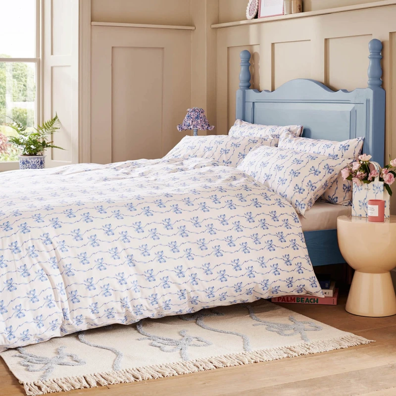 Image of Cath Kidston Ribbon Bow Duvet Set, Double, Cornflower
