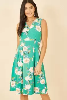 Image of Green Floral Wrap Over Sleeveless Skater Dress