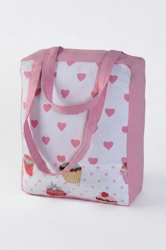 Image of Homescapes Cotton Pink Hearts Cup Cakes Design Shopping Bag, 27 x 32 x 11cm Pink unisex
