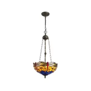 Image of 3 Light Uplighter Ceiling Pendant E27 With 40cm Tiffany Shade, Blue, Orange, Crystal, Aged Antique Brass