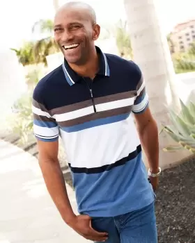 Image of Cotton Traders Mens Zip Neck Colour Block Polo Shirt in Blue