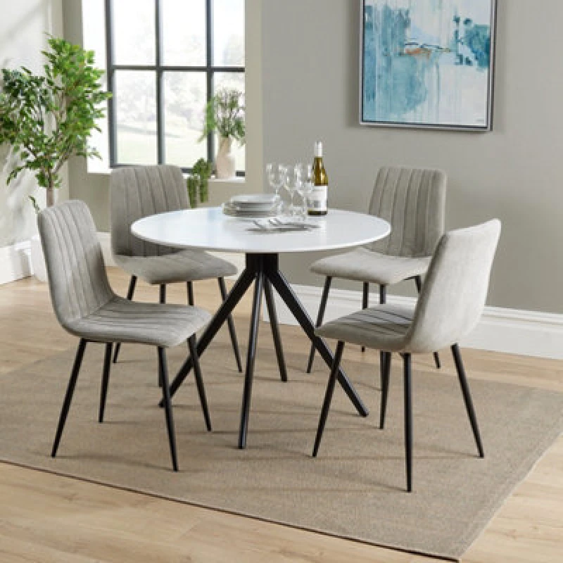 Image of Core Products Aspen White Round Table & 4 Lt Grey Fabric Chair Dining Set, White ASTB4-WHSET7