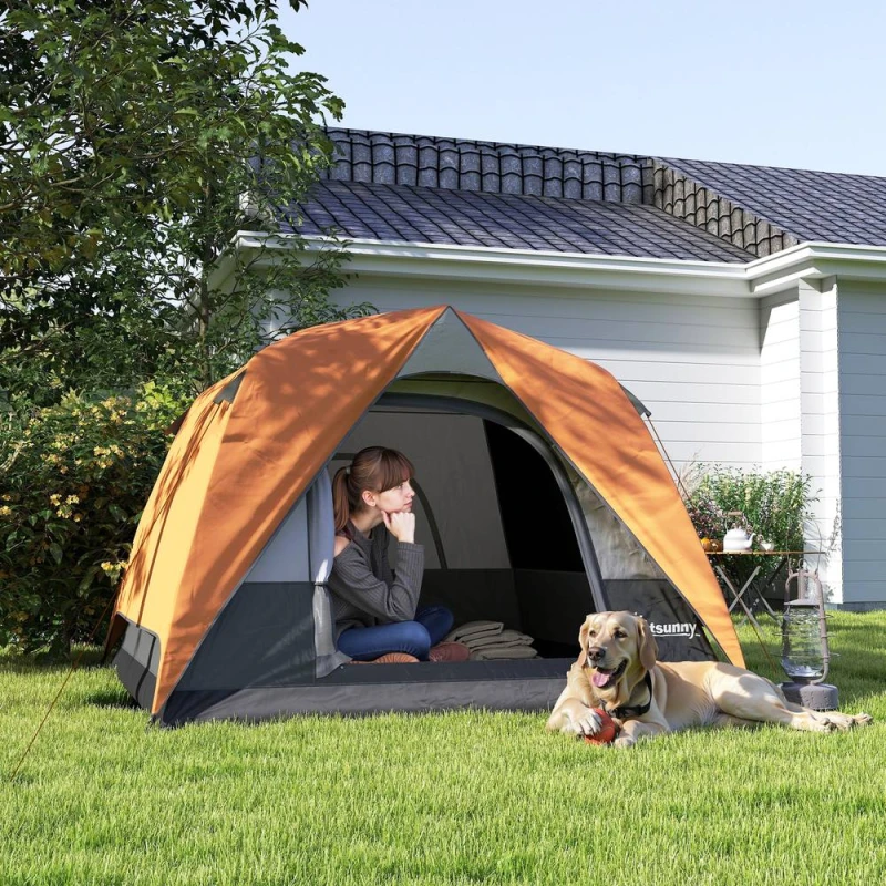 Image of OUTSUNNY 3-4 Person Camping Tent, Waterproof Tent in Orange Orange Unisex