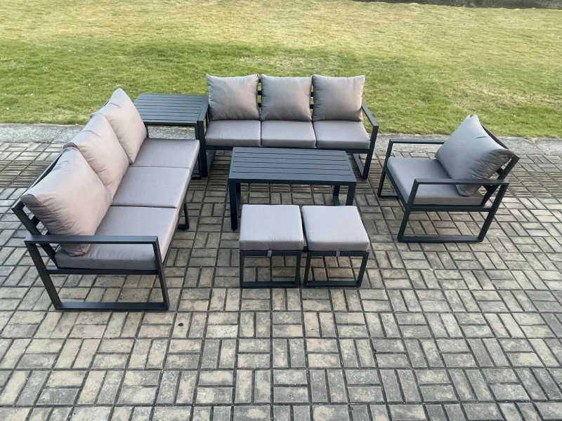 Image of Fimous Aluminium 9 Seater Garden Furniture Outdoor Patio Sofa Set with Rectangular Coffee Table Armchair 2 Small Footstool Side Table in Dark Grey Dar