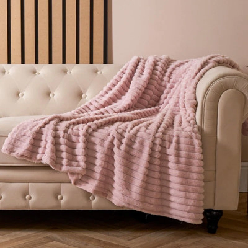 Image of OHS OHS Faux Fur Ribbed Fleece Throw Over Bed Blanket Winter Warm Supersoft in Pink Pink One Size Unisex 5027434192373