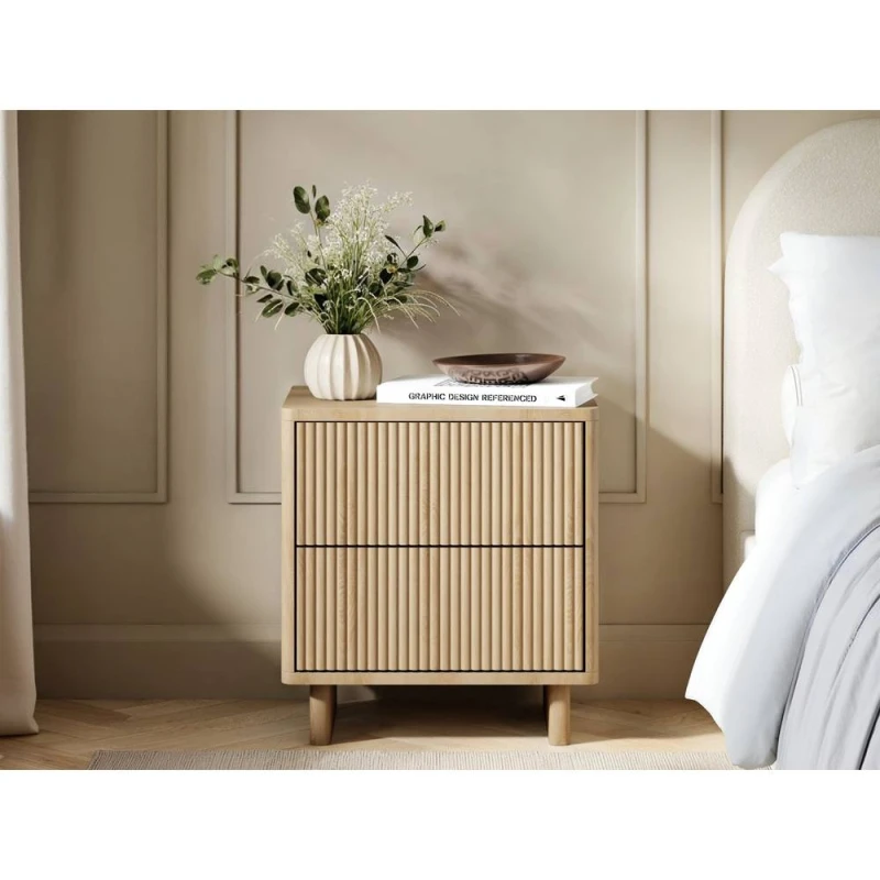Image of Solace+Co Velmor 2 Drawer Ribbed Bedside Table in Light Oak Light Oak Unisex