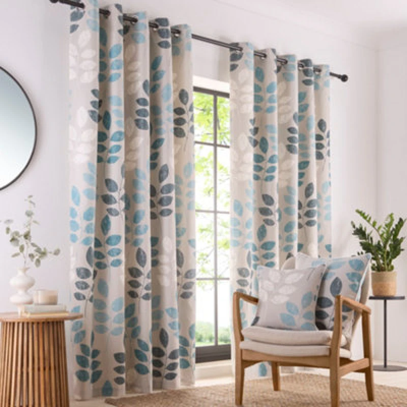 Image of Portfolio Home Springfield Leaf Teal 46" Width X 72" Drop (117 X 183Cm) Fully Lined Eyelet Curtain Set 2 Panels
