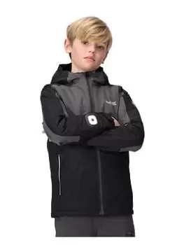 Image of Boys, Regatta Unisex Beamz III Waterproof Jacket with Sleeve Torch - Black/Grey, Black, Size 7-8 Years