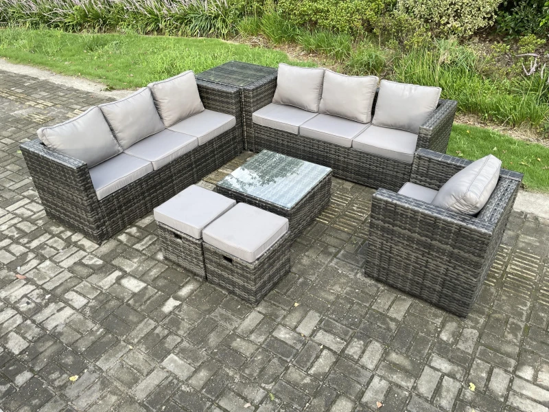 Image of Fimous 9 Seater Rattan Garden Furniture Sofa Set with Armchair Side Table Square Coffee Table 2 Small Footstools Indoor Dark Grey