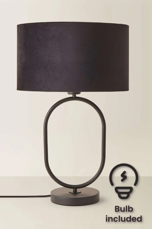 Image of ValueLights ValueLights Antonia Black Velvet Drum Shade Matte Black Oval Table Lamp with Bulb Black One Size Unisex 5059406067020