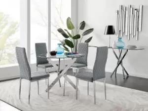 Image of Novara Clear Tempered Glass 100cm Round Dining Table with Chrome Starburst Legs & 4 Milan Faux Leather Chairs