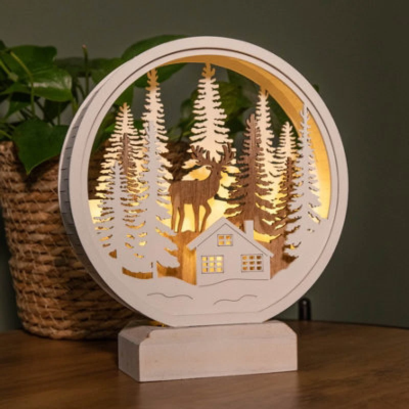 Image of 21cm Battery Operated Light up White Wooden Village Landscape with Warm White LEDs